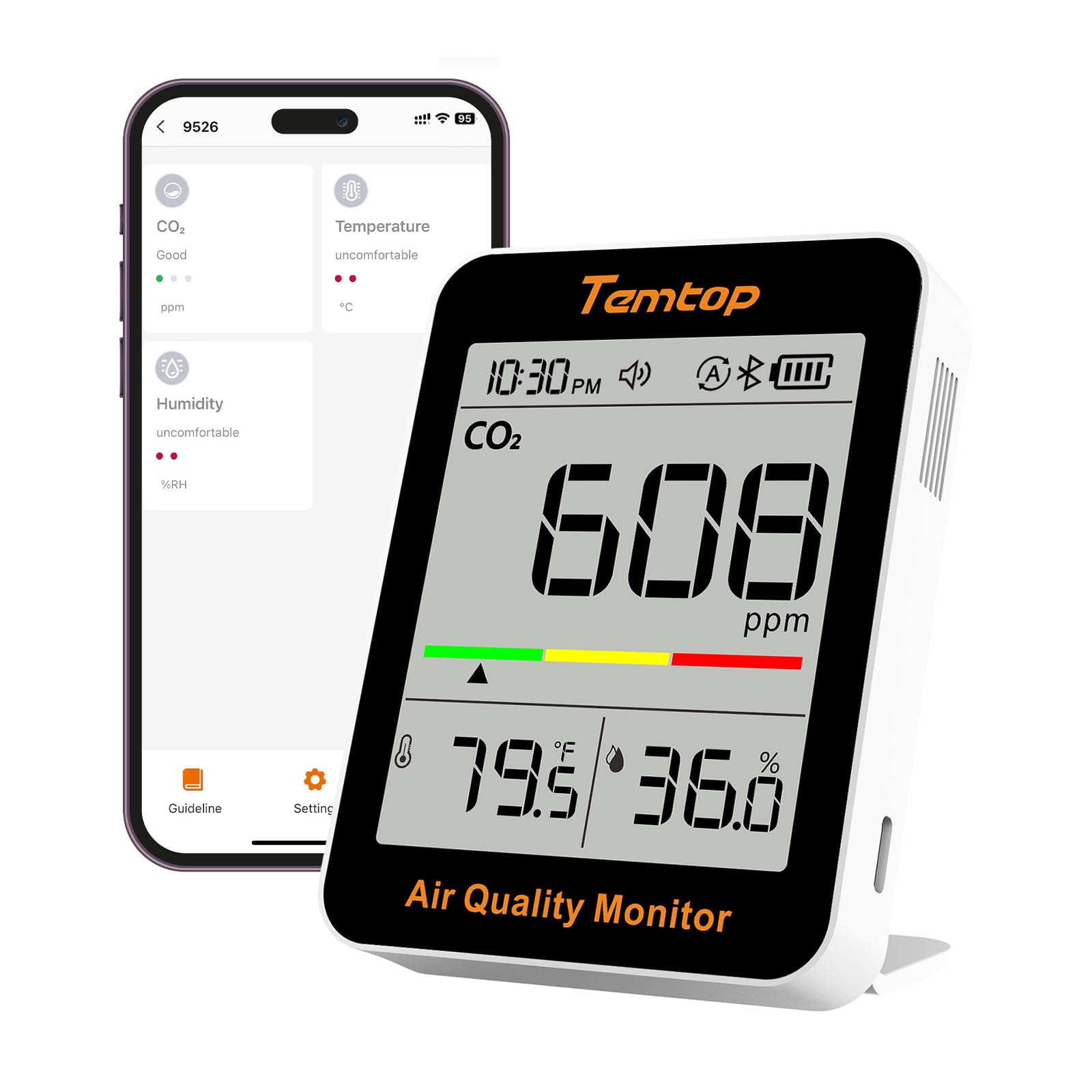 Temtop Smart Air Quality Monitor with BLE App Connectivity, Portable CO2 Meter Detector, Temperature, Humidity, Large Display, Air Quality Tester for Home, Office, or School-picture-21