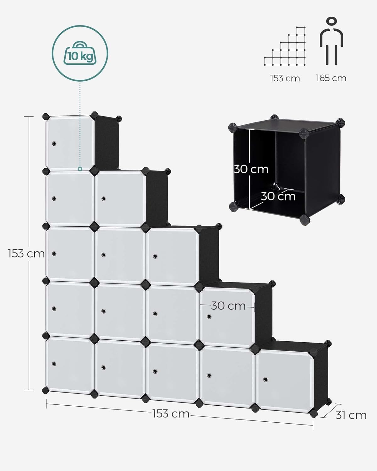 SONGMICS Meuble de Rangement Modulable, 16 Cubes, Étagère en Plastique, avec Portes, pour Vêtements, Chaussures, Livres, Assemblage Facile, Noir LPC44HS