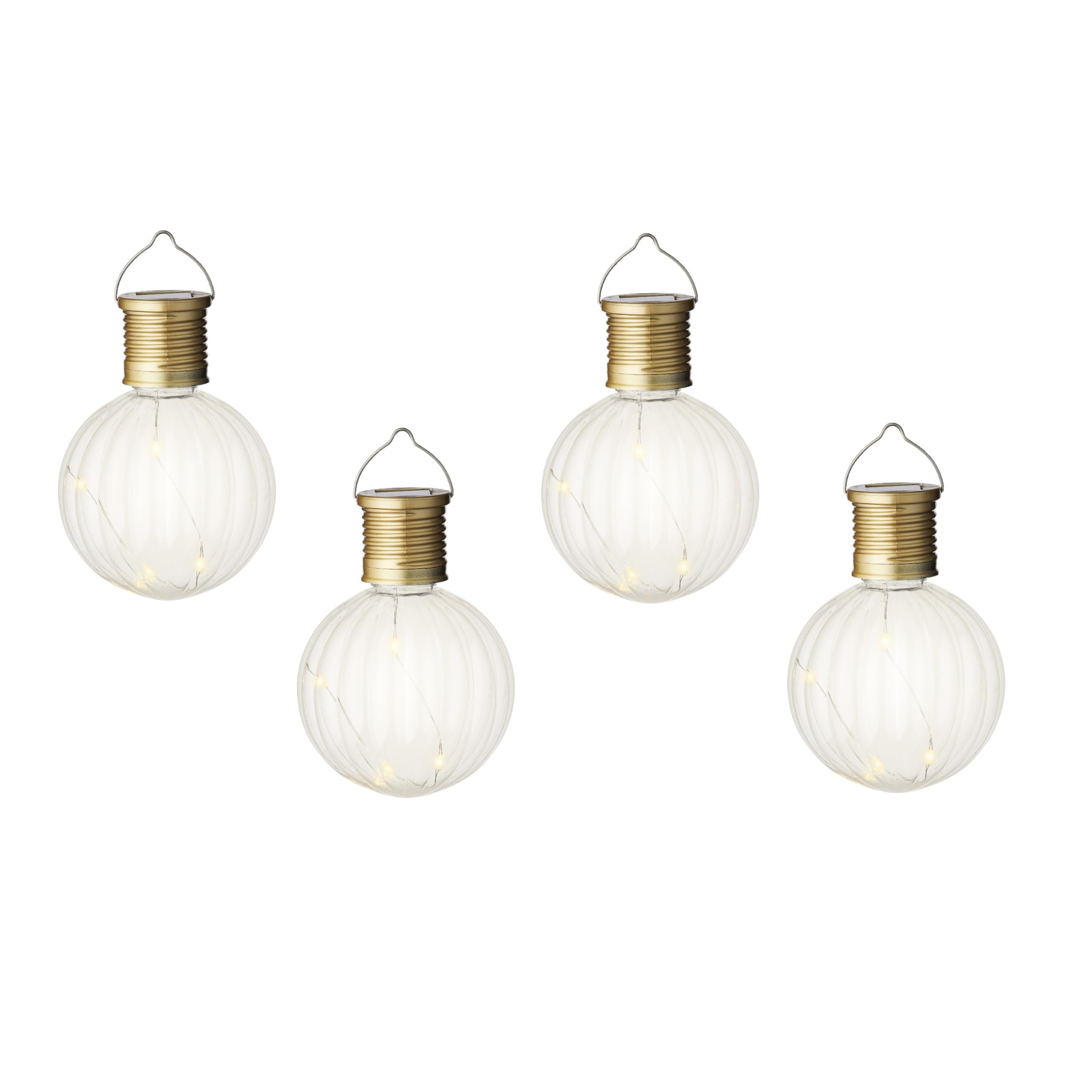 Lumineo Clear Set Of 4 Hanging Solar Lights Outdoor - Outdoor Waterproof Garden Lantern With Handle - Warm White Globe Lights - Decorative Garden Lighting.