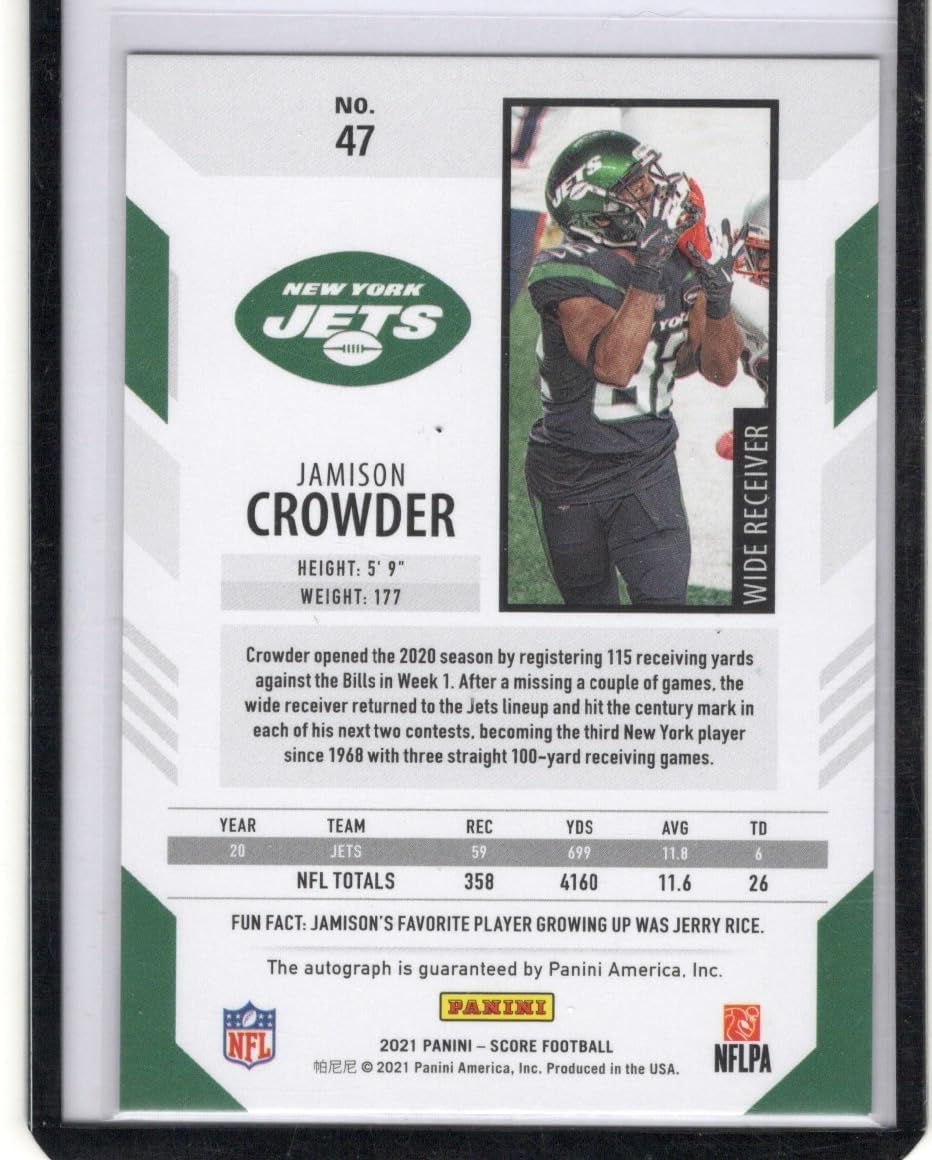 Jamison Crowder Autographed Collectible Football Card - 2021 Panini Score Football Card #47 (Jets)