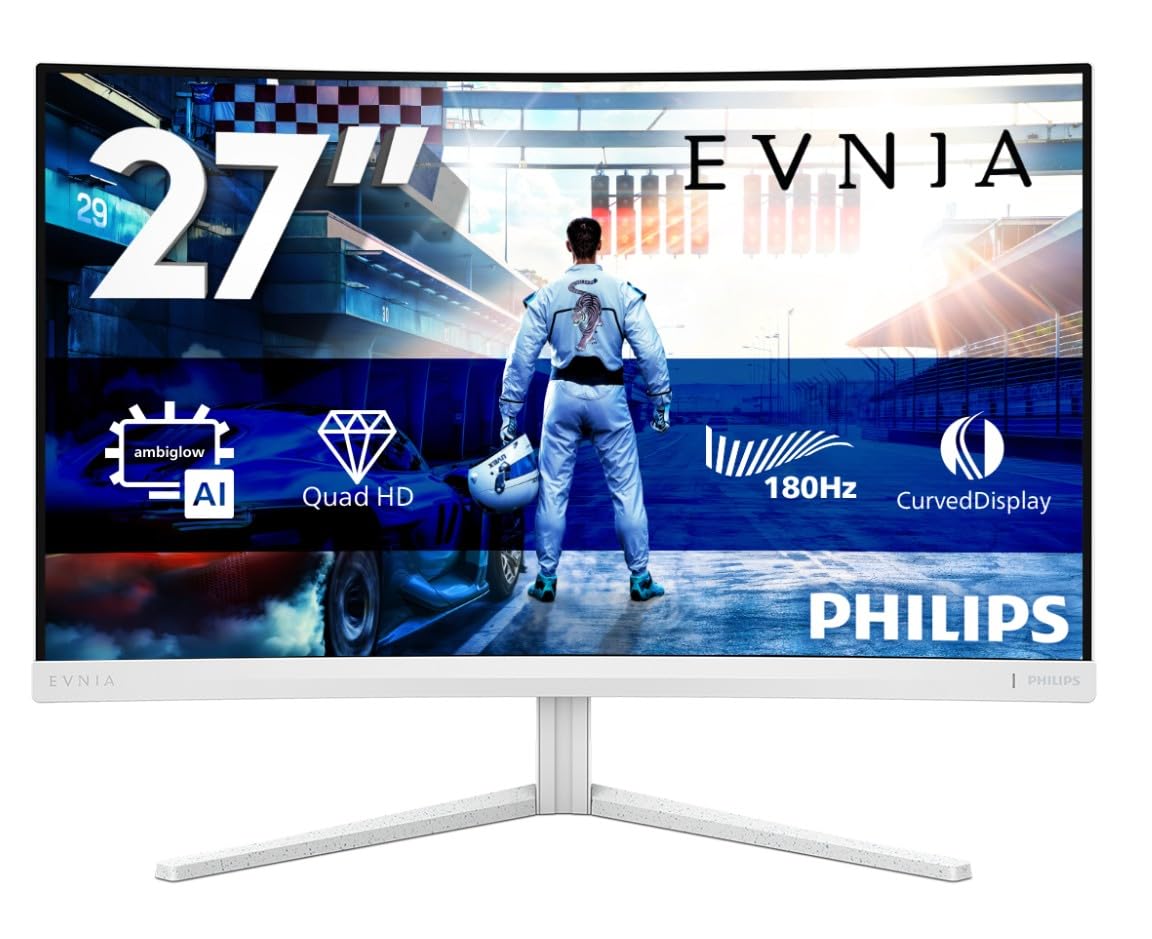Philips Gaming Monitor 27M2C5501 27 pollici, Curvo, 2560x1440, WQHD, 180Hz, Fast VA Panel, 0.5ms MPRT, , (HDMI2x 2.0 DP 1x 1.4) Adaptive Sync, HDR10, FreeSync Premium, Bianco