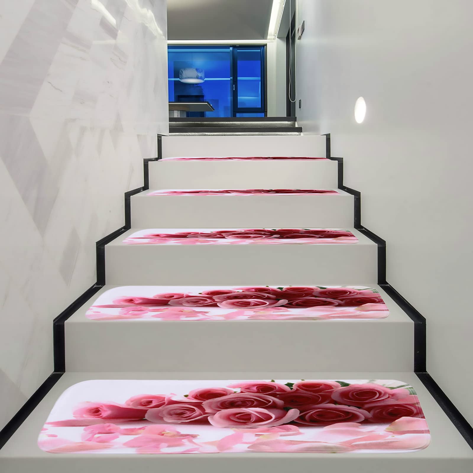 Tappetini per Scale, Tappetini per Scale con Motivo Stampa Rosa Rosa Durevoli Antiscivolo Non Inquinanti per Gradini in Legno Tappeti per Scale per Bambini E Cani 70 X 22 Cm, 1 PZ
