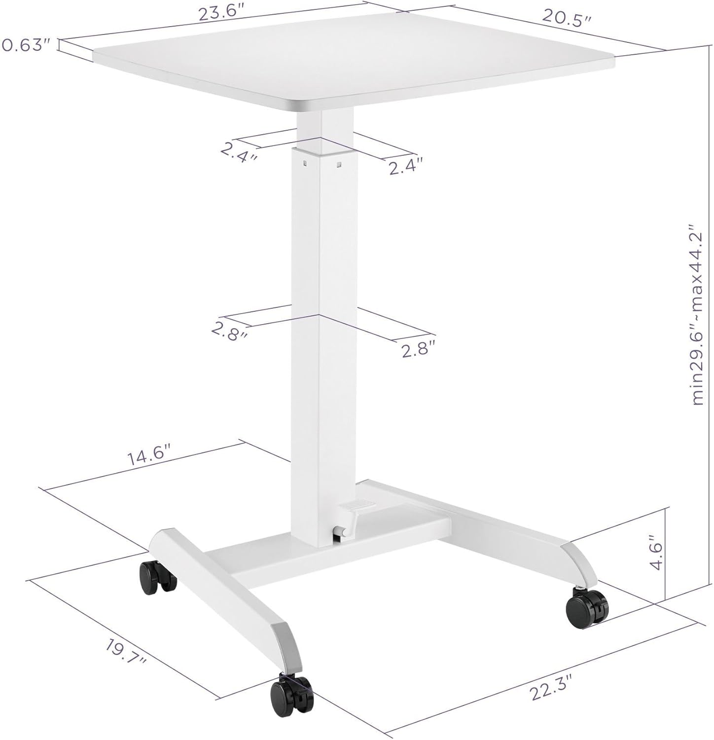 Kantek Mobile Sit Stand Height Adjustable (29"-49") Cart, Rolling Laptop Computer Workstation 23.5"x20.5", Foot Pedal Control, Steel Frame, Perfect for Office Classroom Healthcare School, White