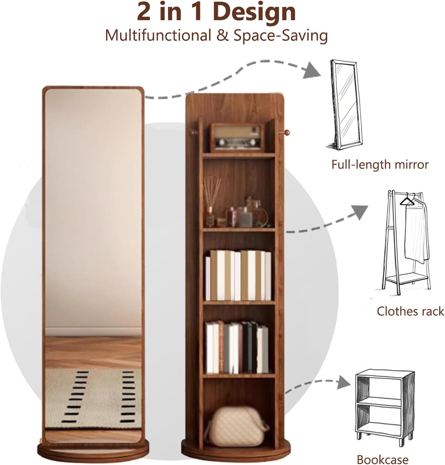360° Rotating Full-Length Mirror with Bookcase,66“x16” Floor Mirror with Hangers, Solid Wood Coat Rack for Living Room Bedroom Entryway(15.7" W x 66.1" L, White)