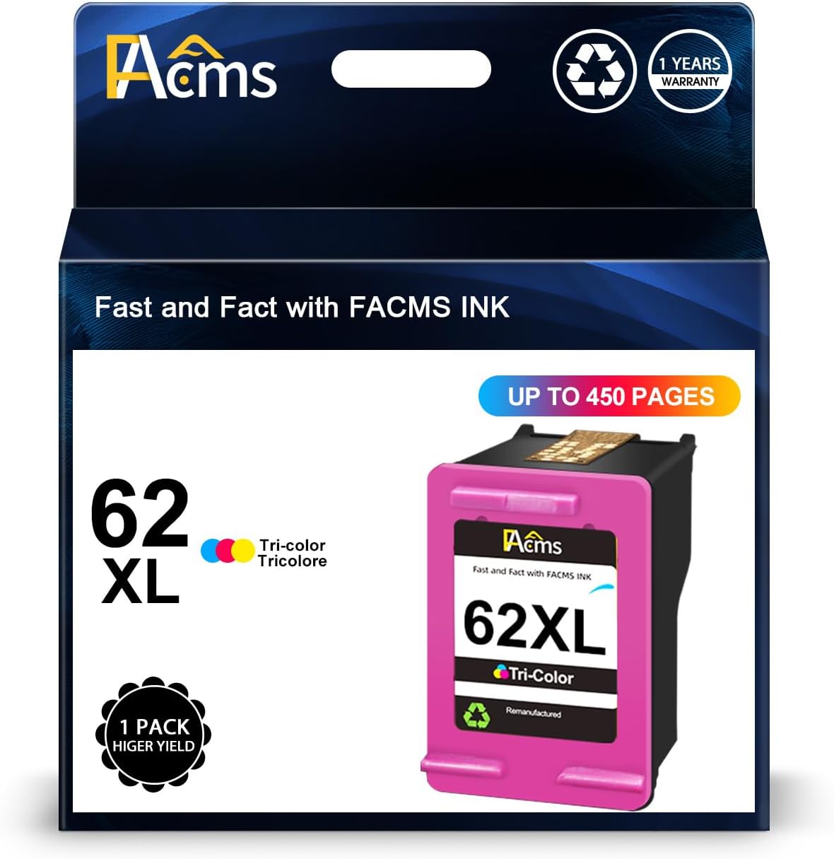 62XL Color Ink Cartridge Replacement for HP Ink 62 XL 62 Ink Work with HP Envy 7640 7645 5660 5540 5640 OfficeJet 5740 8040 OfficeJet 250 200 (1 Pack)