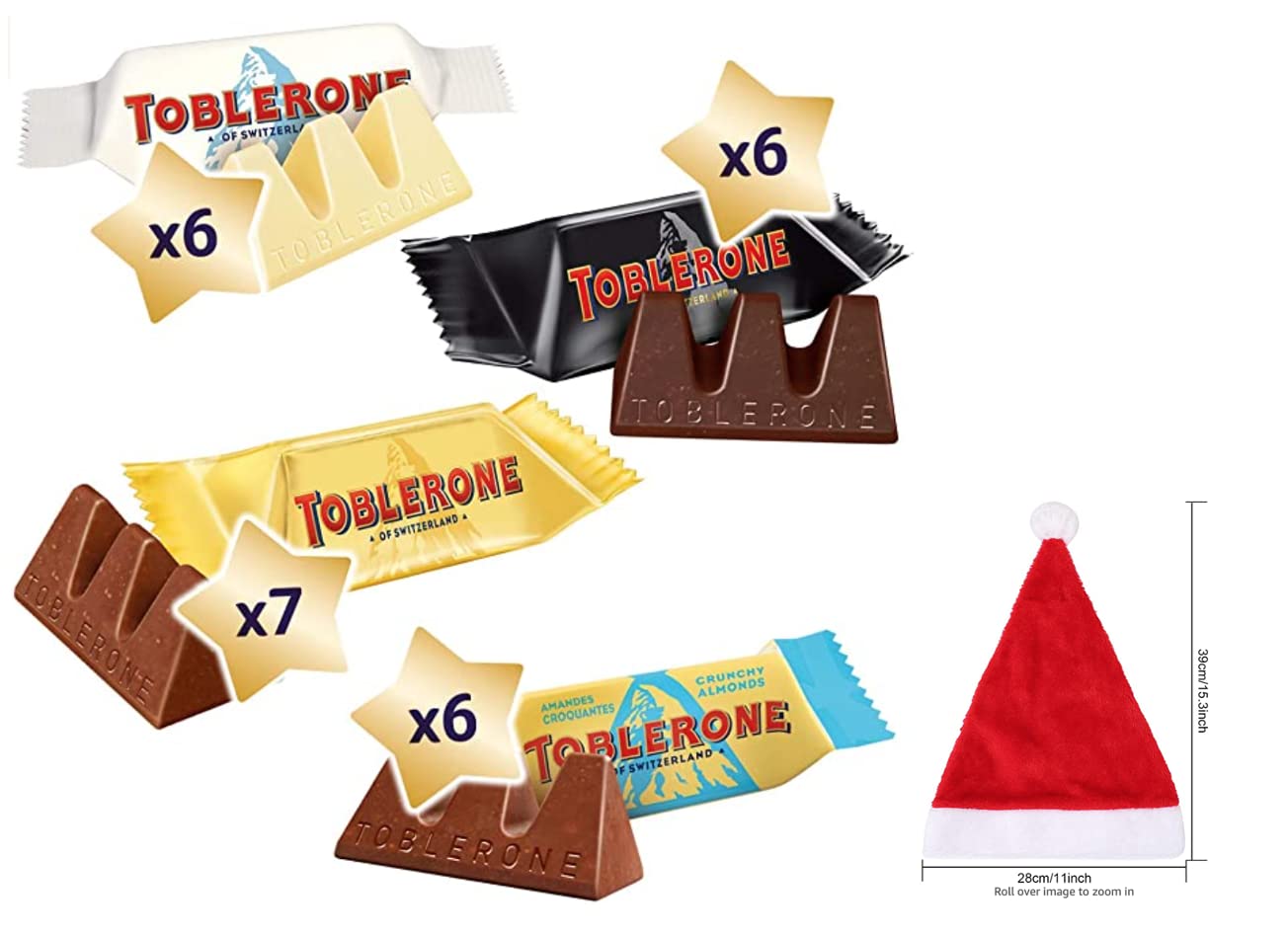 Toblerone Calendario de Adviento de 200 g, surtido de chocolates suizos, viene con sombrero de Navidad.