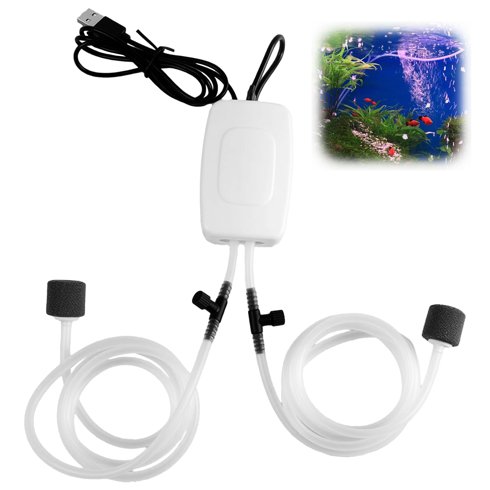 Pompe à air USB avec Double Pierre à air – Mini Pompe à oxygène 1 W économe en énergie, Portable avec Tuyau, Pierre à gazéifier pour Aquarium, Flux d’oxygène Stable pour Aquarium