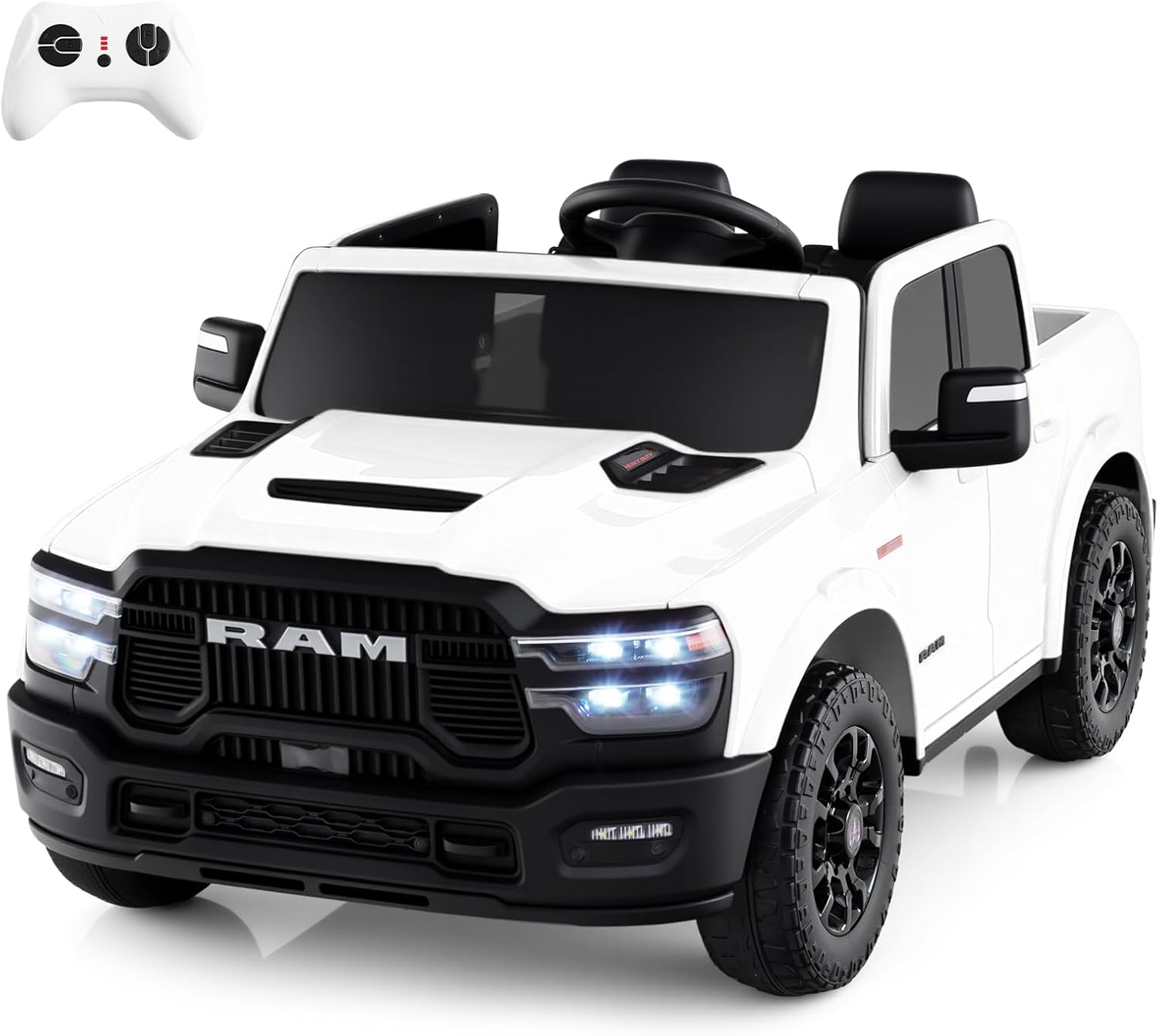 Costzon 2 Seater 24V Ride on Toy for Big Kids, Licensed 2025 Ram Rebel Electric Vehicles, Ride on Car Pickup Truck w/Remote, Storage, 2 x 100W Motors, Lights, Music & 4-Wheel Suspension (Pure White)