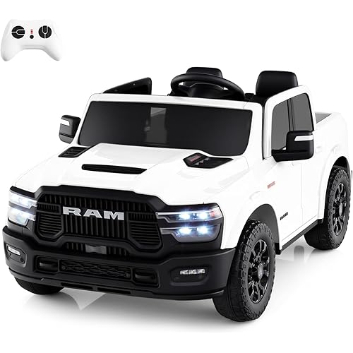 Costzon 2 Seater 24V Ride on Toy for Big Kids, Licensed 2025 Ram Rebel Electric Vehicles, Ride on Car Pickup Truck w/Remote, Storage, 2 x 100W Motors, Lights, Music & 4-Wheel Suspension (Pure White)