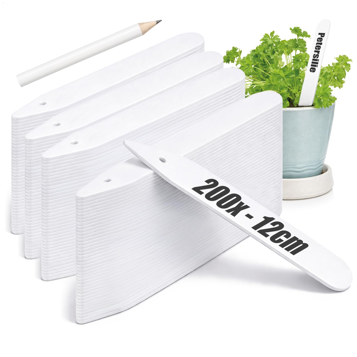 com-four® 200x Pflanzschilder mit Bleistift - Steck-Etiketten 12 cm für Zimmer, Balkon, Garten - Pflanzenstecker zum Beschriften - Anzuchtstecker für Beete und Pflanzkübel (200 Stück - weiß - 12cm)