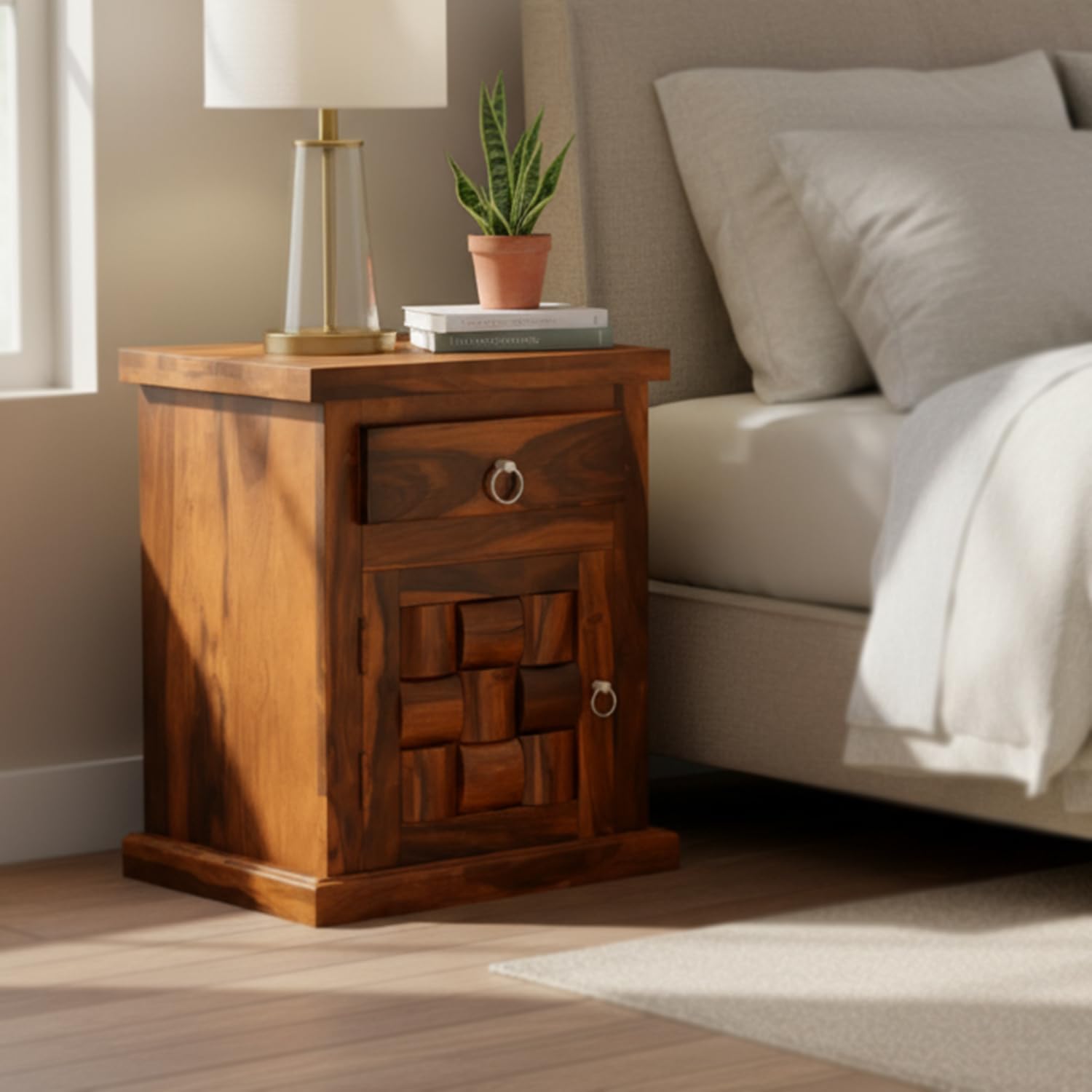 Sheesham Wood Bedside Table with Drawer and Cabinet Storage Night Stand End Table for Living Room Home Office (Natural Brown Finish)-picture-19