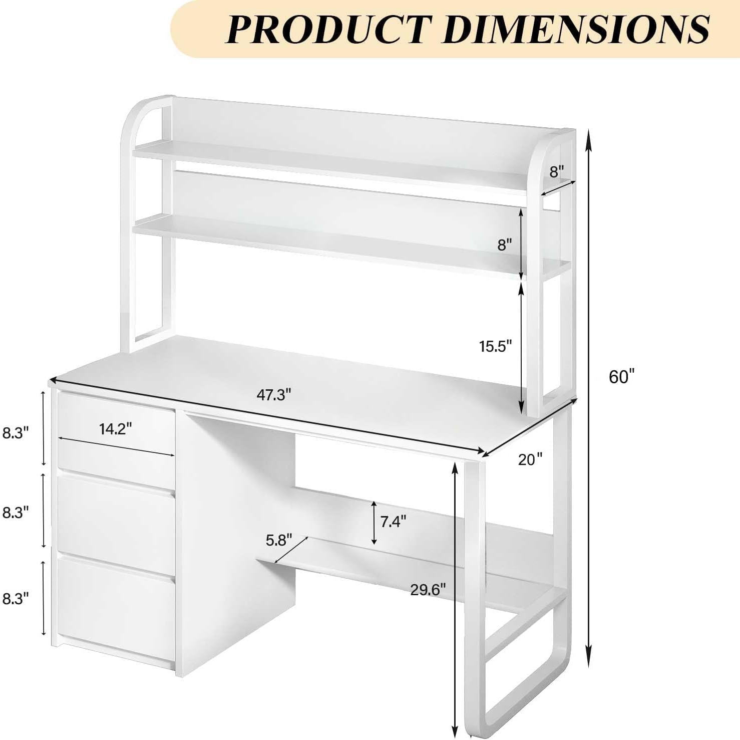 White Desk with Hutch, 60 Inch Computer Desk with 3 Drawers for Bedroom, Study Writing Desk with Shelves for Small Places, Adjustable Feet