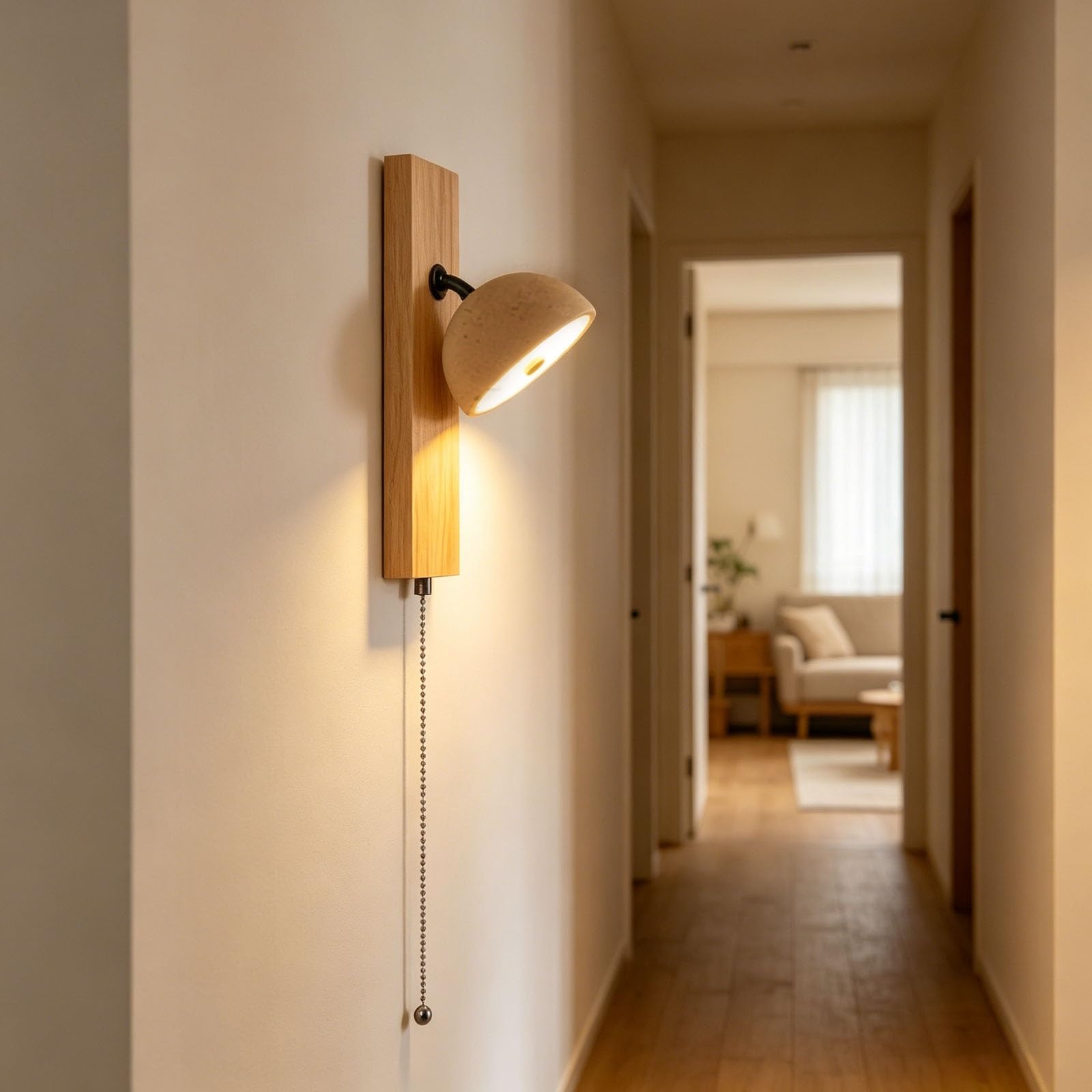 Sconce da parete regolabile in travertino con base in legno massello di noce, interruttore a catena, lampada da lettura a parete industriale nordica a LED, for soggiorno studio sul(Natural)