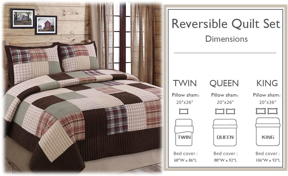 Cozy Line Home Fashions Brody Quilt Bedding Set, Chocolate Brown Plaid Grid Striped Real Patchwork,Reversible Coverlet, Bedspread Set (Brown Grid, Queen - 3 Piece)
