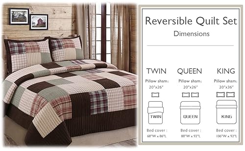 Cozy Line Home Fashions Brody Farmhouse Chocolate Plaid Striped Real Patchwork Reversible Quilt Bedding Set, Coverlet Bedspread (Brown Grid, Queen - 3 Piece) #TOP6