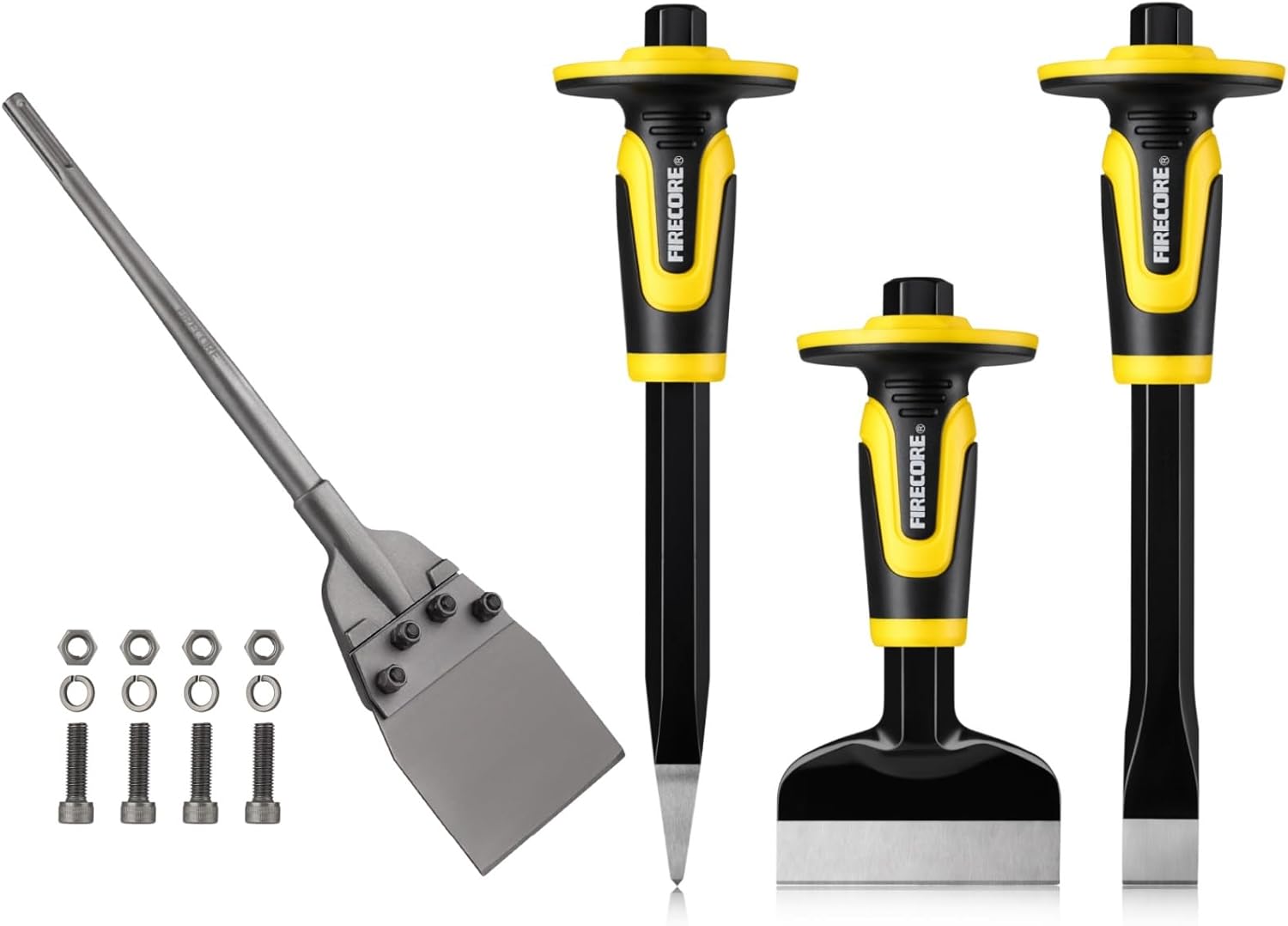 SDS Max Floor Scraper, Firecore 6 Inch SDS Max Thinset Removal Chisel Bits Scaling Chisel Tool, Rock Chisel Set 3PCS Masonry Chisel with Hand Guard Point Flat Cold Chisel for Concrete Stone Brick Tile
