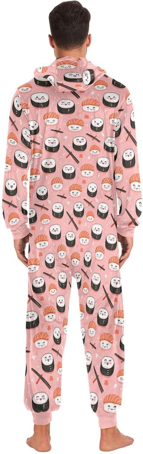 ZZKKO Kawaii Sushi Pink Adult Onesie Pajamas for Women Men Cozy One Piece Pajamas Costume Zip-Up Hooded S-XL