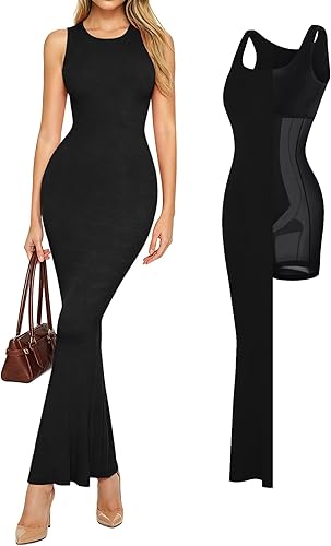 Popilush Built-in Bra Shapewear Maxi Long Dresses for Women Bodycon Sleeveless Modal Casual Formal Tummy Control Dress