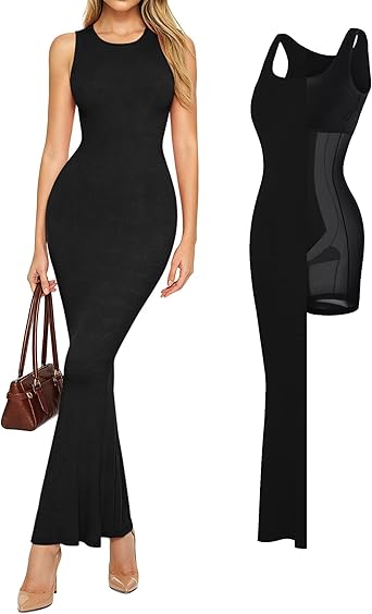 Popilush Built-in Bra Shapewear Maxi Long Dresses for Women Bodycon Sleeveless Modal Casual Formal Tummy Control Dress
