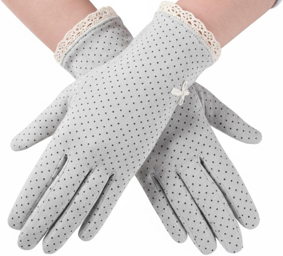 QPIXVB Sun Gloves for Women UV Protection,Driving Gloves Women,Cute Summer Dots Cotton Lace Anti-Skid Glove