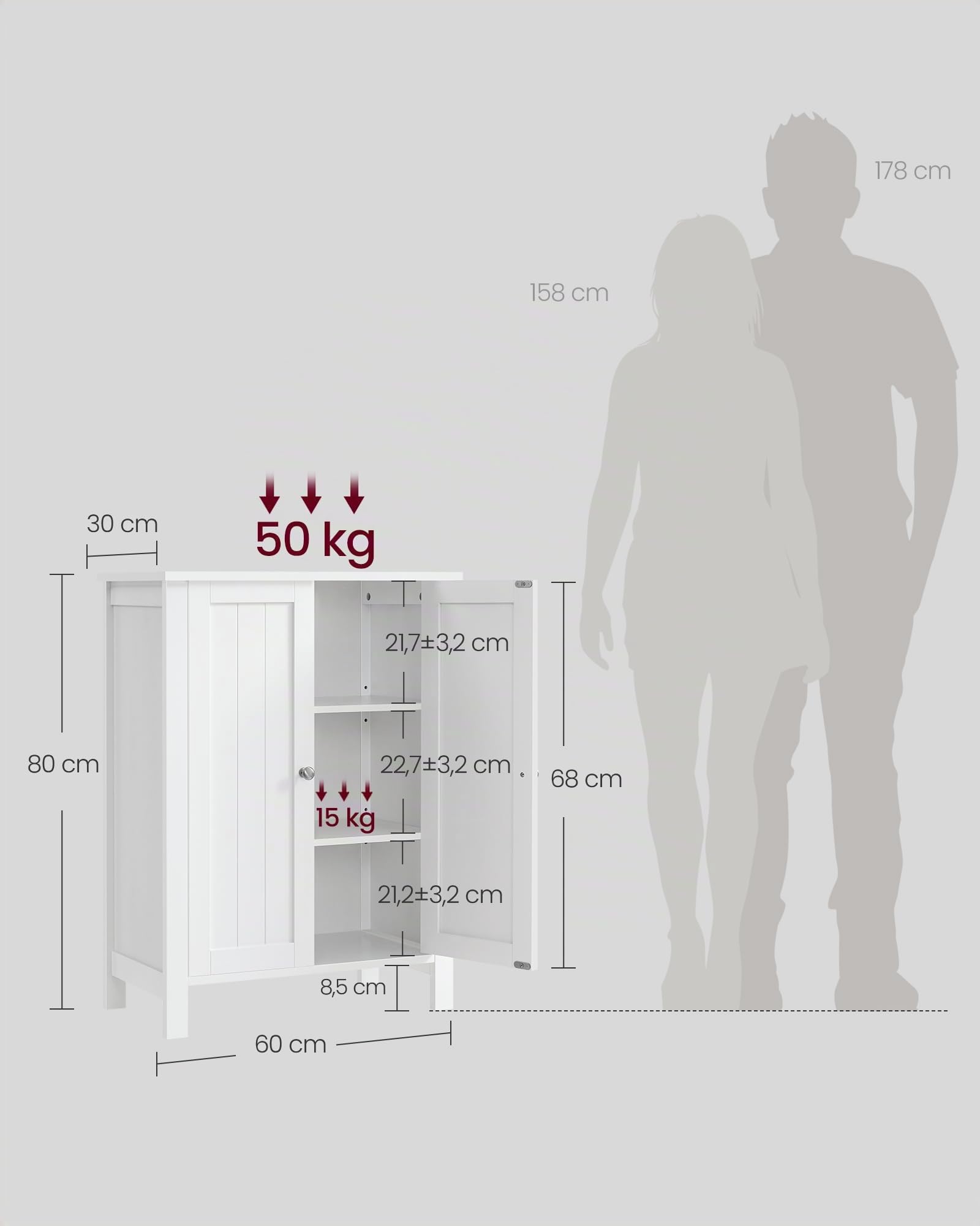 VASAGLE Armario de Baño, Armario de Pie, Gabinete de Almacenamiento para Baño, con 2 Estantes Ajustables, 30 x 60 x 80 cm, Blanco BCB60W