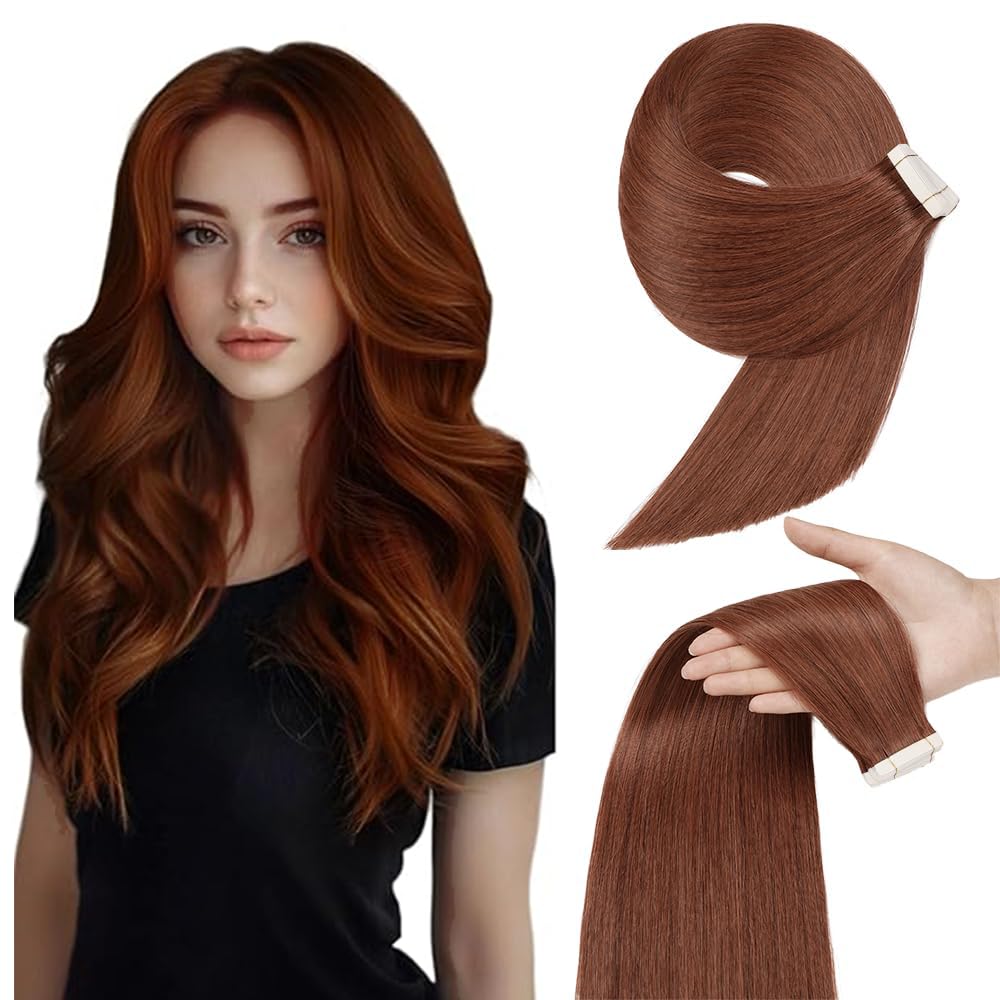 Photo 1 of #33 Reddish Brown Tape in Extensions Human Hair 32 Inch Copper Red Straight Tape in Seamless Extensions Human Hair Skin Weft Seamless Invisible Unprocessed Virgin Remy Hair 45g 10 Pcs