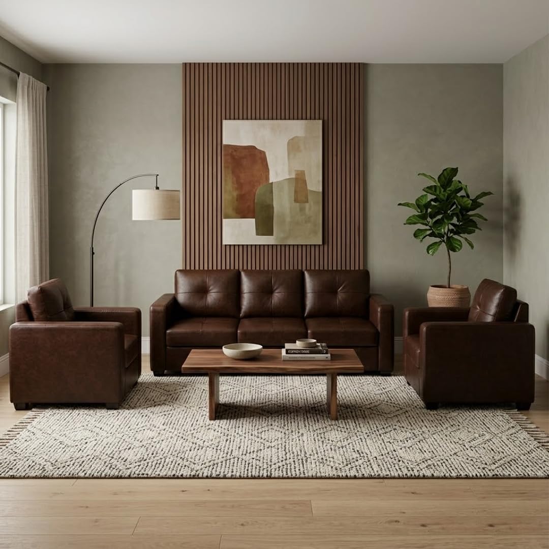 FURNY Hermon 5 Seater Premium Leatherette 3+1+1 Sofa Set (Brown) Premium Finish | Durable Comfort | Ideal for Living Room