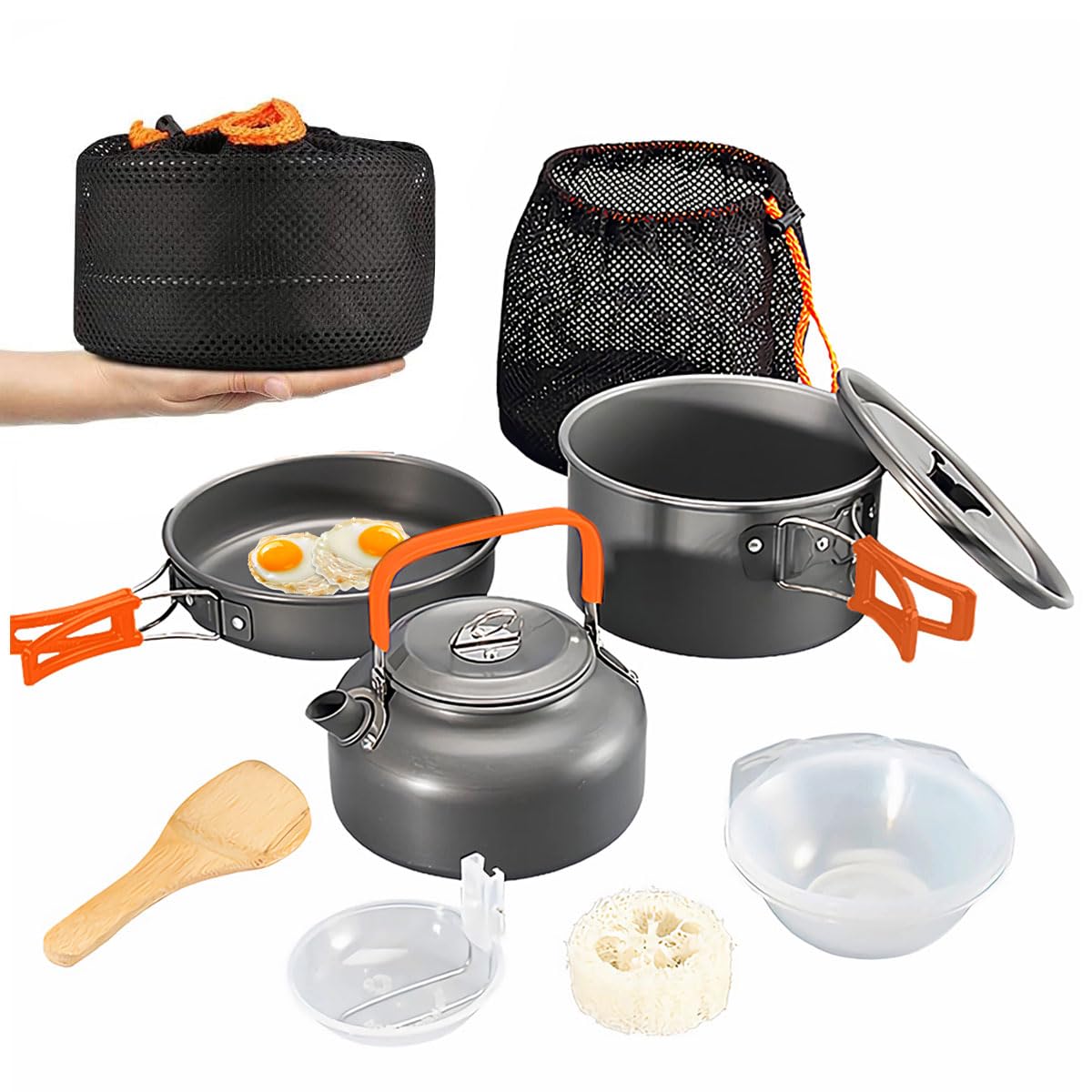 Camping Cookware Mess Kit 11 Pcs Easy to Carry Pot Pan Set Lightweight Backpack Picnic Cooking Set with Kettle Pot Fry Pan Mess Bag for 2-3 People Compact Portable Hiking Cooking set for BBQ Travel
