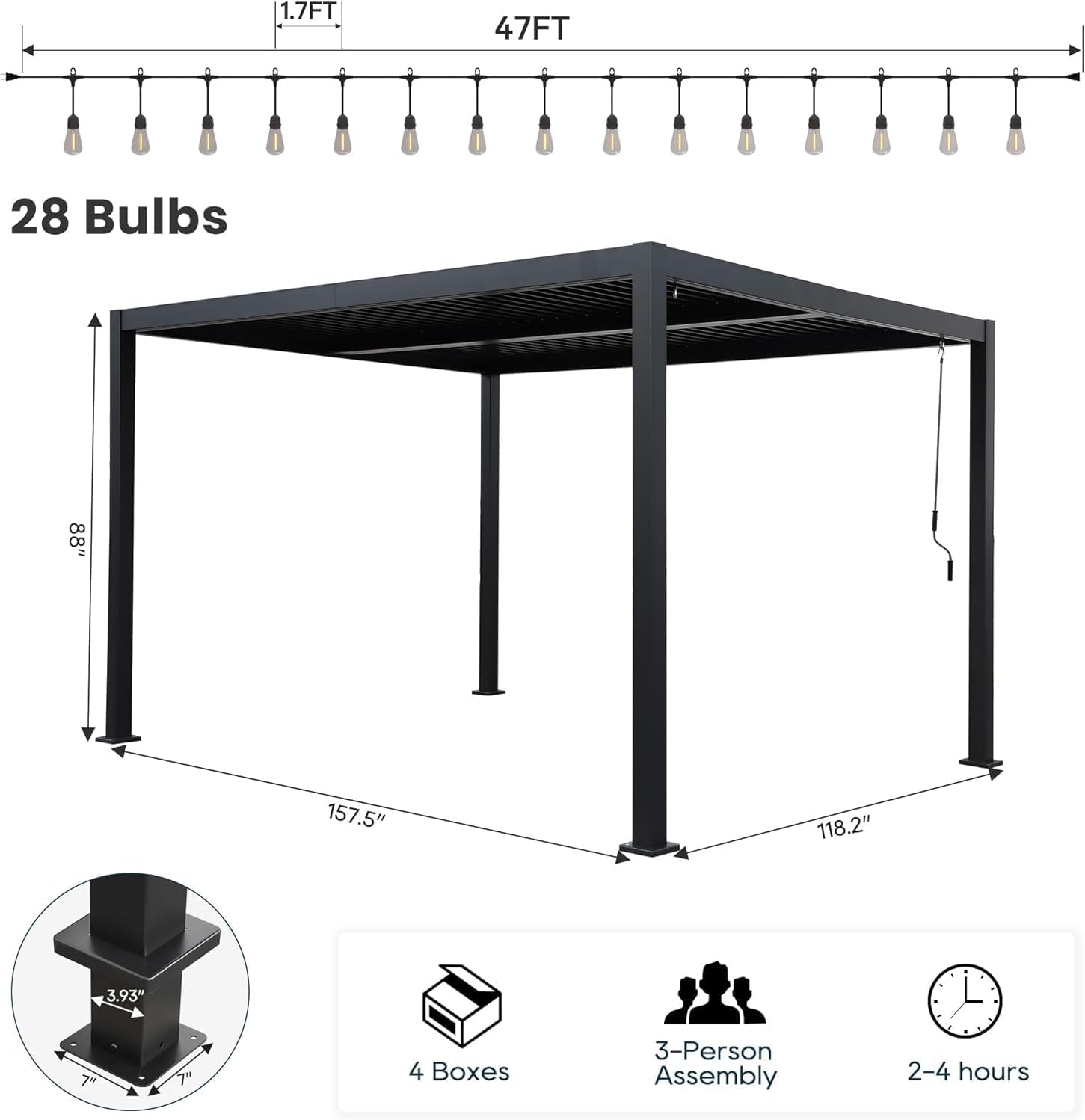 10' x 13' Louvered Pergola, Metal Patio Pergola with Adjustable Louvers Roof, Waterproof & Rustproof Metal Gazebo for Patio, Deck, Garden, Yard, Black (10x13FT with Light)