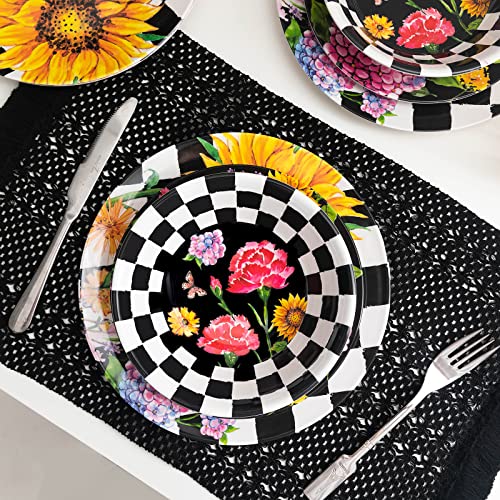 Lehaha Sunflower 12-Piece Melamine Dinnerware Set Include Plates/Dishes And Bowls, Service For 4, Bpa Free And Unbreakable Black Plaid Floral Dish Set For Indoor And Outdoor Use… #TOP3