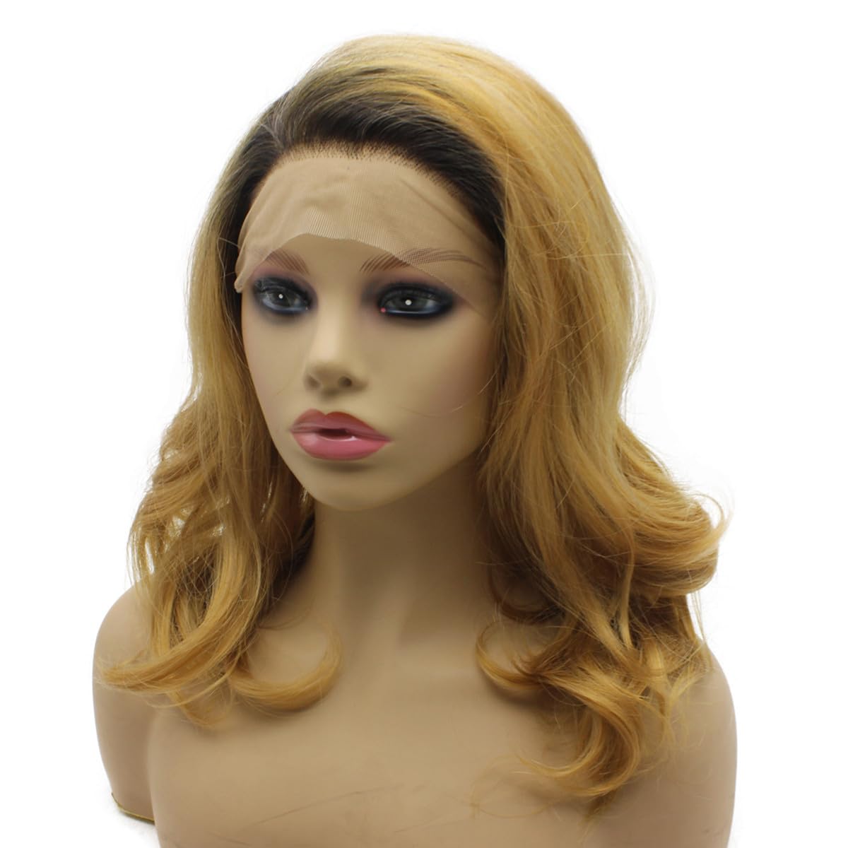 iwonawig Shoulder Length Wavy Curl Dark Roots Gold Blonde Ombre Tone Synthetic Lace Front Wig Heat Friendly Fiber