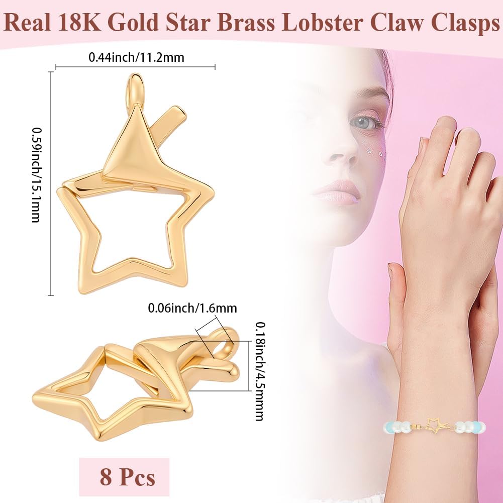 Beebeecraft 1 Box 8Pcs Star Lobster Claw Clasp 18K Gold Plated Brass Hollow Star Jewelry Clasps Connectors for Bracelet Necklace Jewelry Making