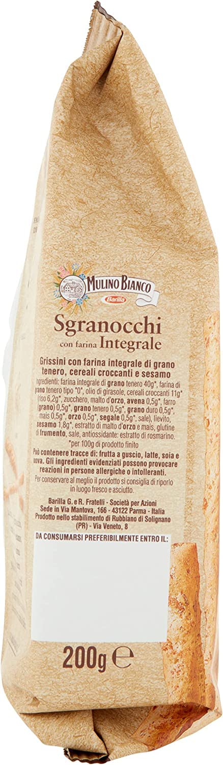 6x Mulino Bianco Grissini Sgranocchi con Farina Integrale Grissini mit Vollkornmehl, perfekt als Snack, 200 g