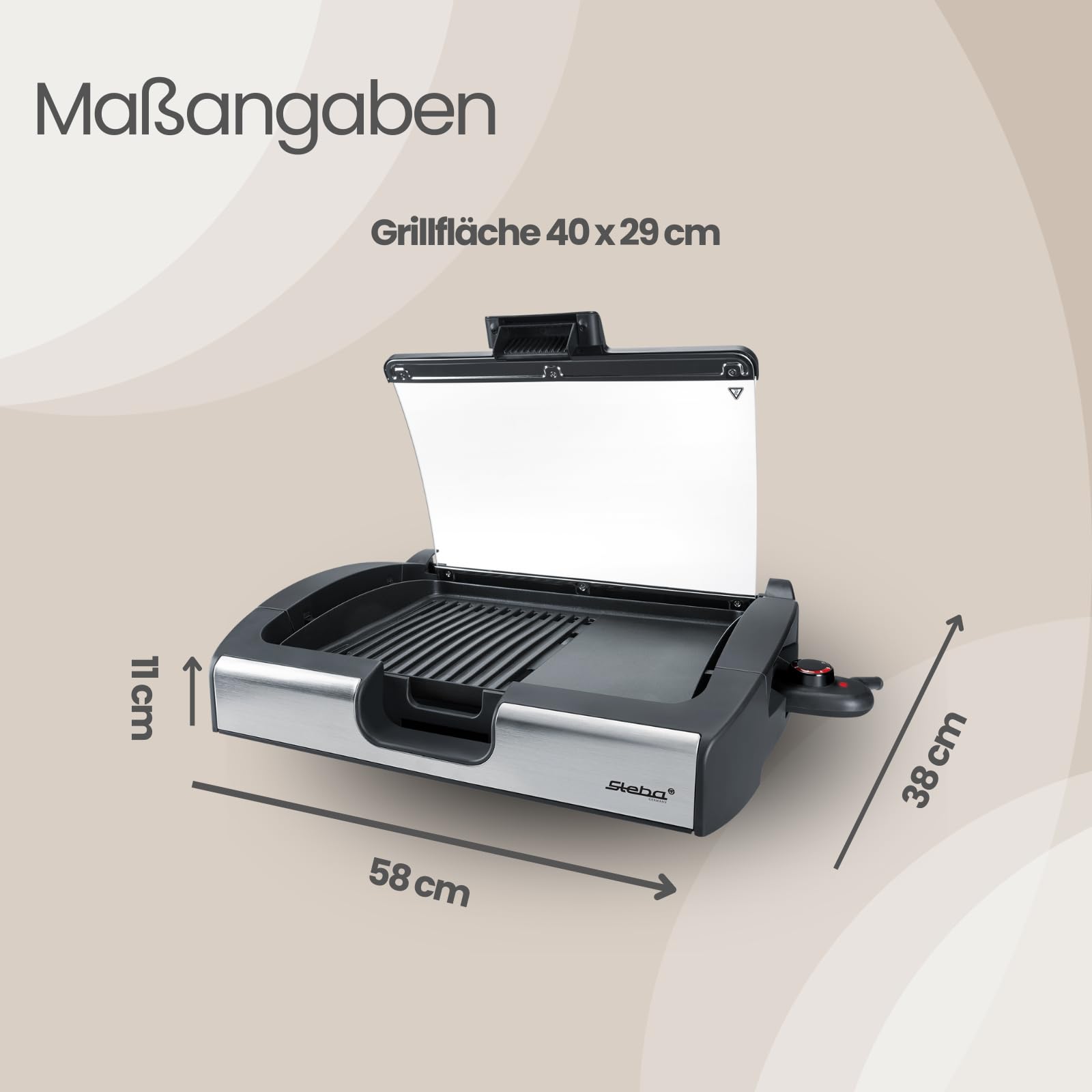 Steba VG 200 BBQ Tischgrill mit Glasdeckel | Grillfläche 29,0 x 40,0 cm, Hot Zone, Alu-Druckguß-Grillplatte mit Grillmuster, Temperaturkontrollleuchte, 2200 Watt