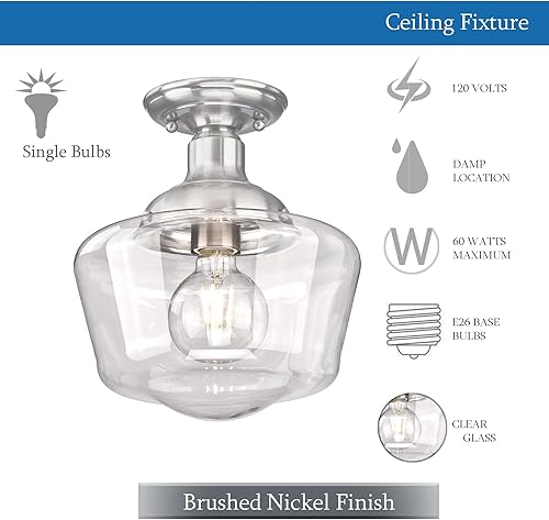 Miniatura 5 de Schoolhouse Style - Lámpara de techo semiempotrada para interiores de 9 pulgadas, con acabado de níquel cepillado y vidrio transparente