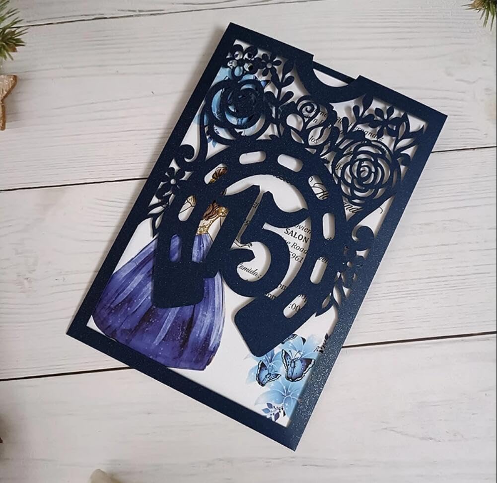 50 Quinceanera Invitations with Envelopes - Navy Theme Party Horse Laser Cut Sweet 15 Party Cards