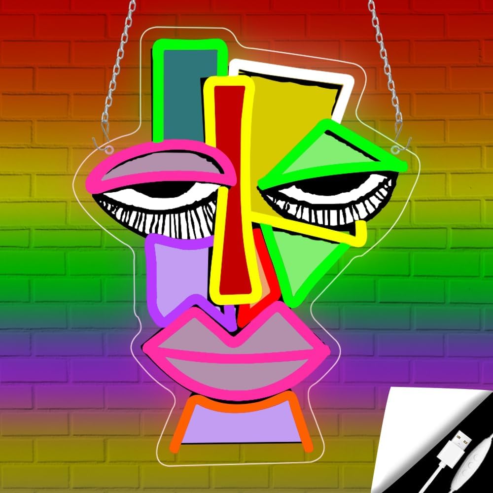 Abstract Face Neon Sign,Uv Print Abstract Art Led Light up Signs for Wall Decor,Bar,Cafe,Trendy Restaurant,Game Room Decor Party,The Best Art Gifts