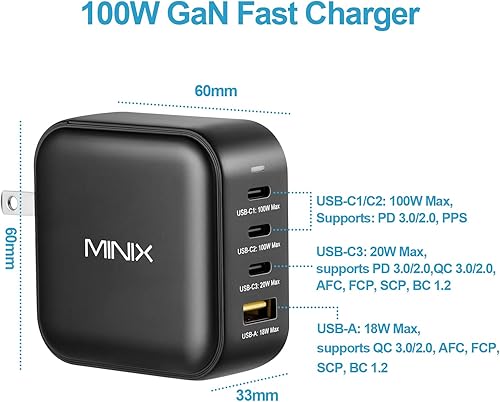 Miniatura 2 de MINIX NEO P3 100W Turbo Cargador de pared GaN de 4 puertos, 3 puertos USB-C adaptador de carga rápida (máximo 100W/20W), 1 USB-A (máximo 18W).