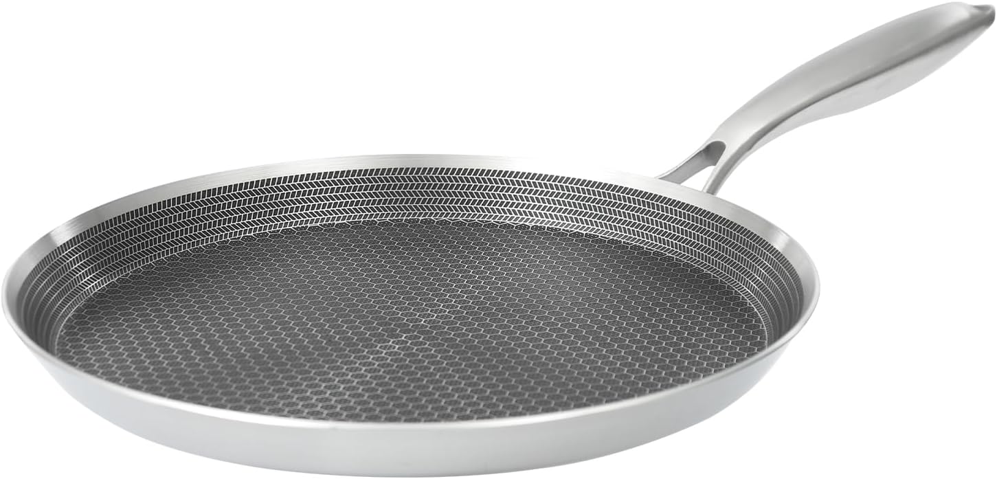 Bacocoo Stainless Steel Crepe Pan 10 Inch Nonstick Crepe Pan, Stainless Steel Honeycomb Coating Pancake Pan, Non Stick Flat Skillet Tawa Dosa Tortilla Griddle Pan, Induction Compatible.