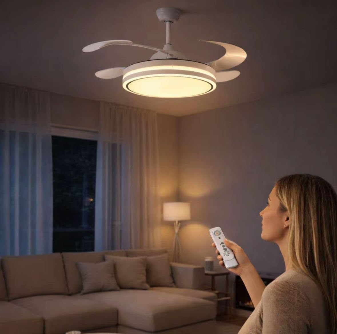 Ventilatore da Soffitto con Luce LED Integrata e Pale a Scomparsa, Plafoniera LED Regolabile 3 Modalità di Luce con Telecomando, Diametro 107 cm, per Soggiorno e Camera da Letto