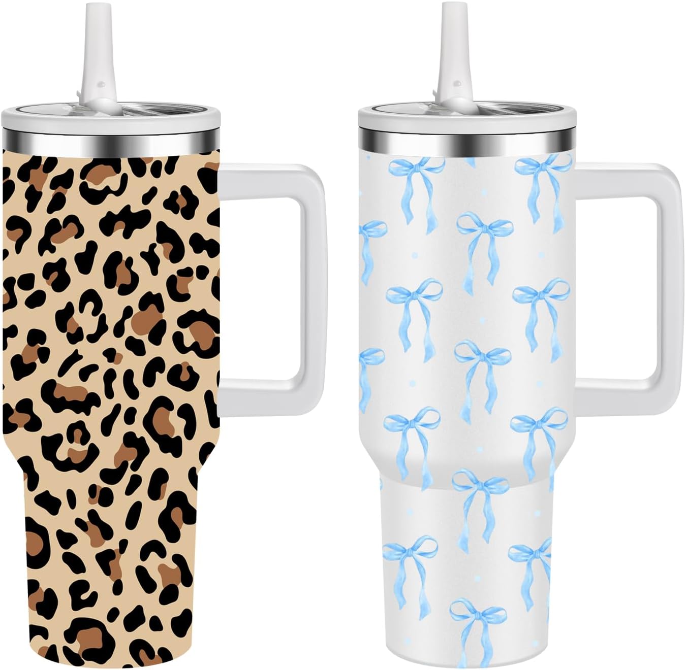 FOLAI 40oz 2Pcs Insulated Mug Tumbler With Handle And Fllip Straw Water Bottle, Cold Drink - Leak-Proof - Water, Coffee Portable Travel Mug（Yellow Leopard Print + Bow）