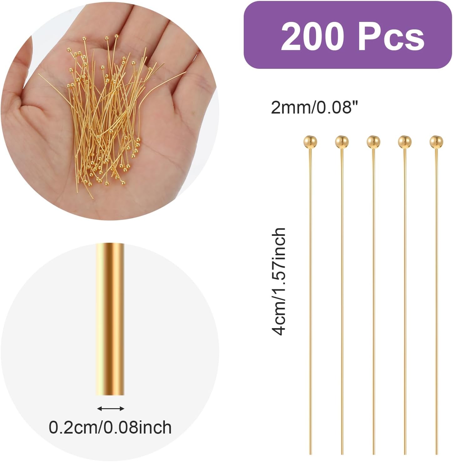 200Pcs Ball Head Pins for Jewelry Making, 40mm/1.57In, Gold Head Pins for Jewelry Making, Beading Pin for DIY Craft Earring Bracelet Necklace Pendant Supplies - Image 2
