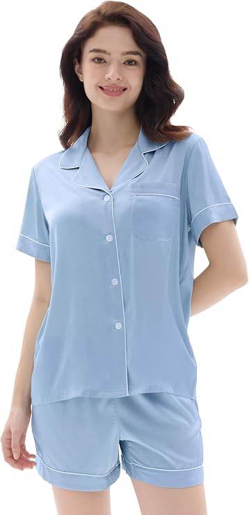 Joyaria Women's Satin Silk Short Sleeve Button Front Pajama Shorts Sets
