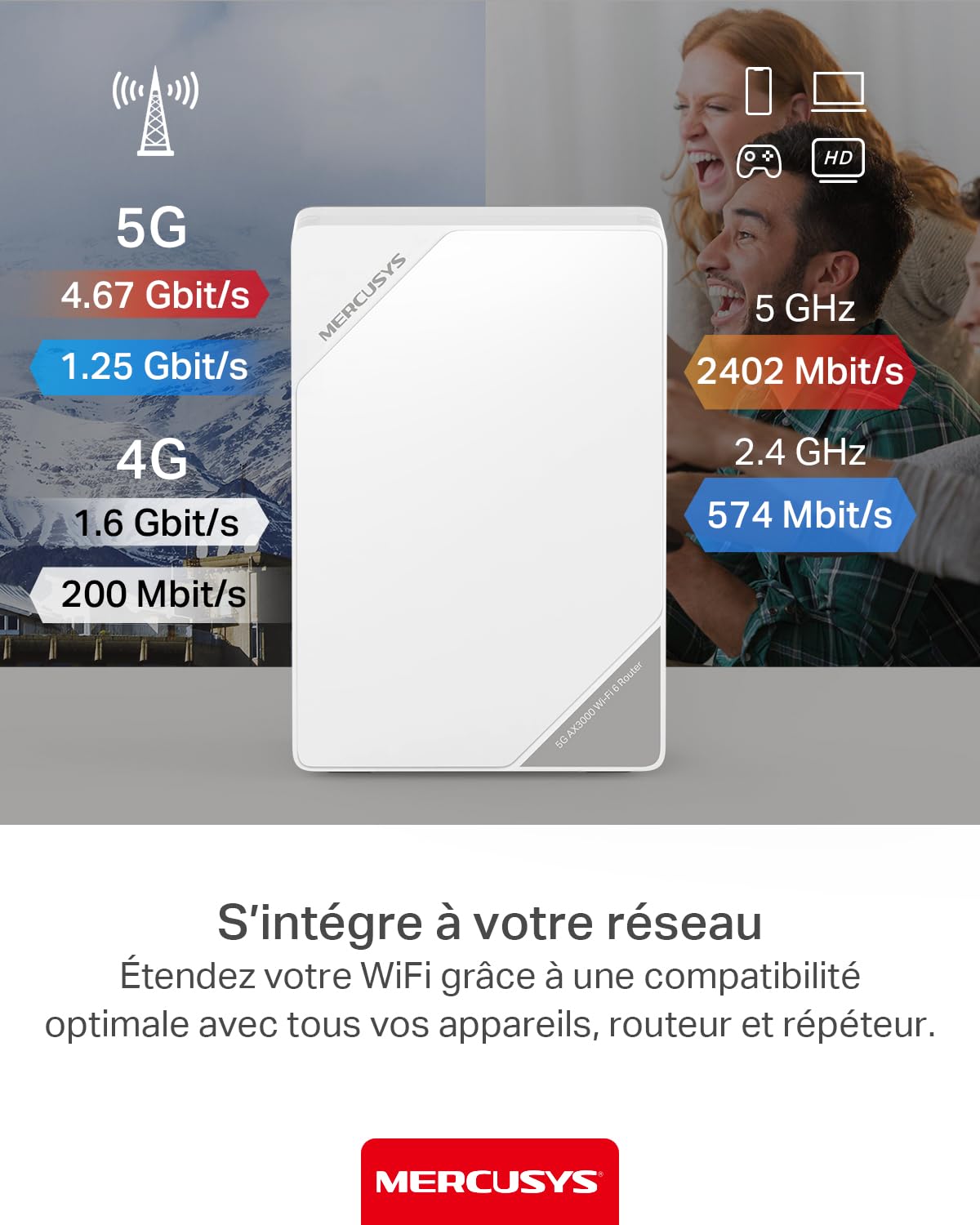 Mercusys TP-Link MB520-5G router 5G z Sim, WiFi 6 Dual-Band AX3000Mb/s, 2402 Mb/s przy 5 GHz+574 Mb/s w 2,4 GHz, port LAN/WAN 2,5 Gb/s, VPN, podłącz do 256 urządzeń, wtyczek i Play, App Bloy