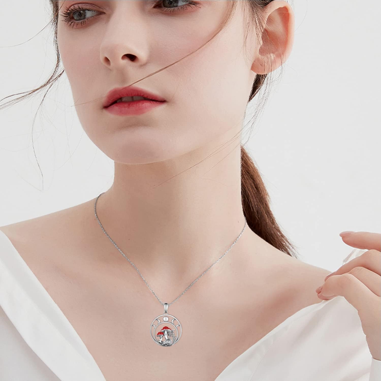 Moon Mushroom Necklace for Women,925 Sterling Silver Magical Red Mushroom Pendant Moon Phase Necklaces,Anniversary Birthday Gifts for Women Mom,18''-20'' - Image 6