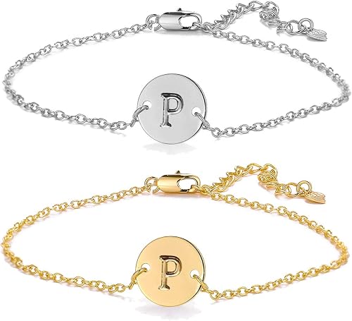 HUASAI 26 A-Z Letter Disc Initial Bracelet Set for Women, Adjustable Charm Brace