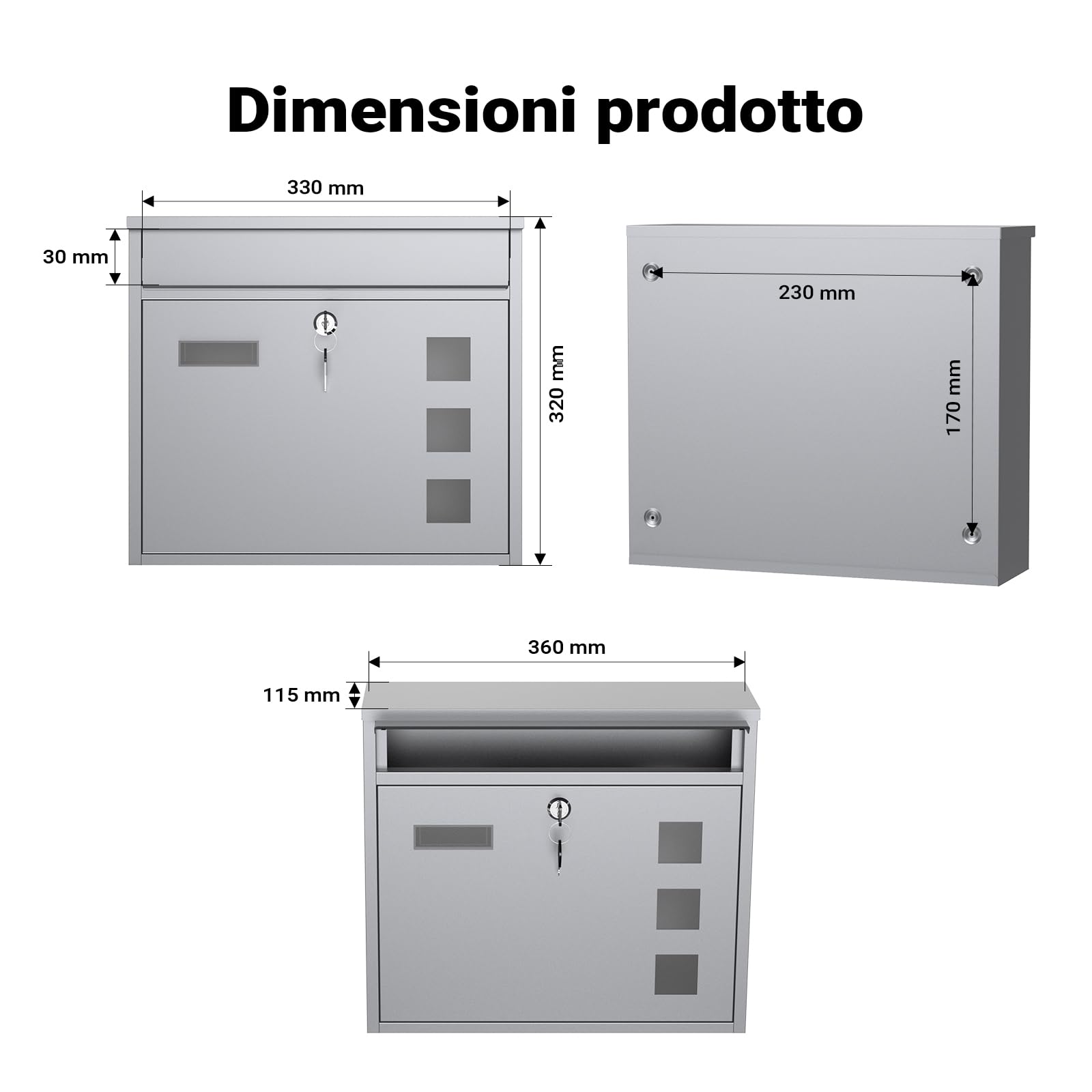 Wiltec Cassetta postale singola V12 in acciaio verniciato a polvere grigio con finestrelle e vetrino portanome