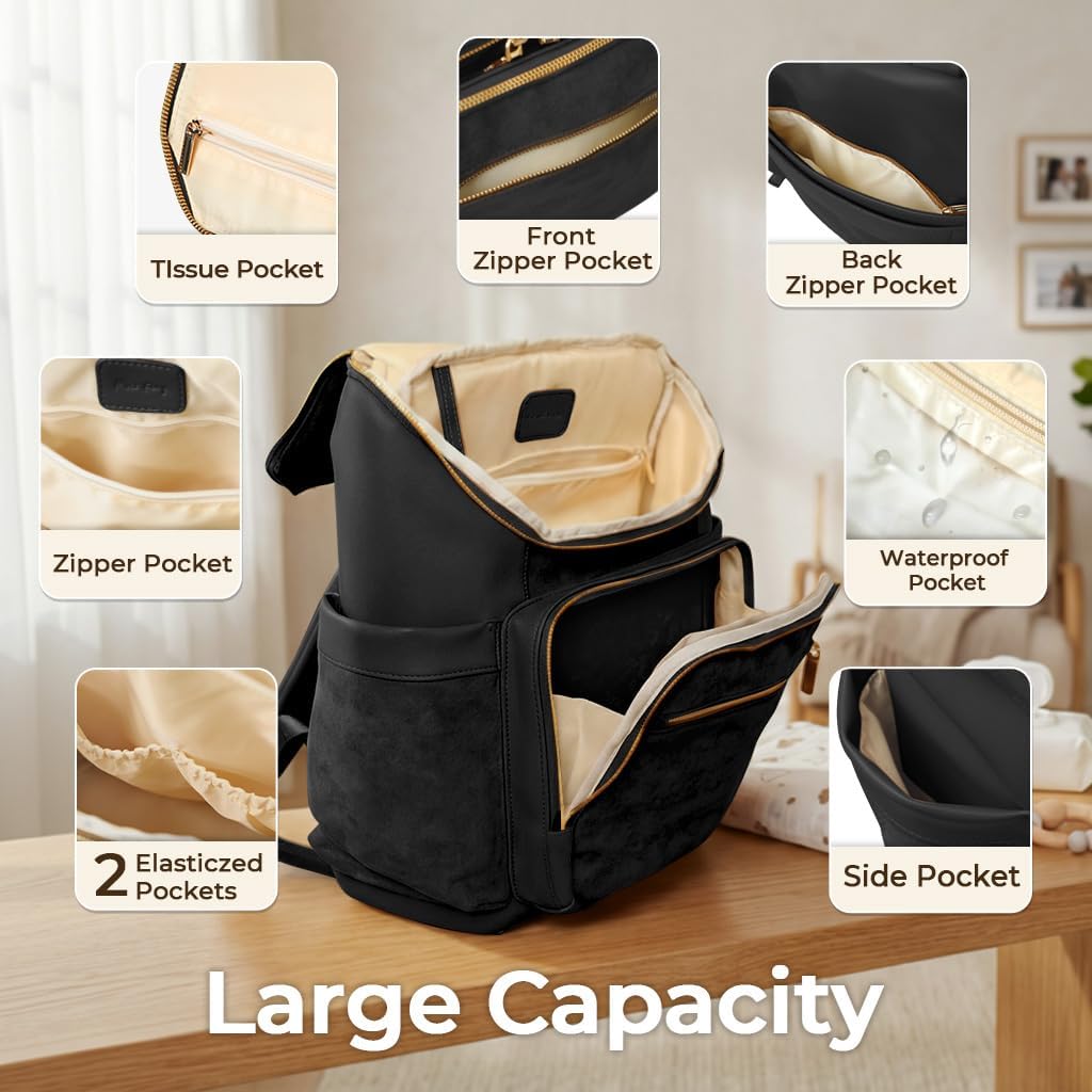miss fong Diaper Bag Backpack - Large Diaper Bag Backpack Baby Backpack with 14 Pockets, Pañaleras Para Bebe with Waterproof Wet Pocket Luggage Sleeve for Mom Dad-Black