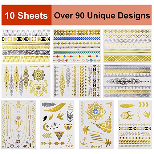 Temporary Tattoos, Metallic Gold Body Glitter Henna Tattoo Temporary Tattoo for Women Adult Kids Festival Accessories Costume