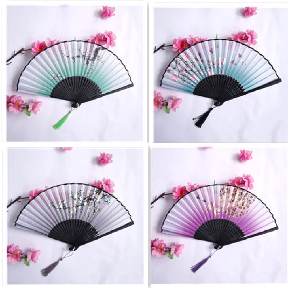 NZPOST Hand Fan Folding, 4Pcs Folding Hand Fans Aesthetic Floral Silk Fans With Tassel Black Bone Bamboo Fans Handmade Japanese Chinese Fan For Dancing Wedding Home Decorations